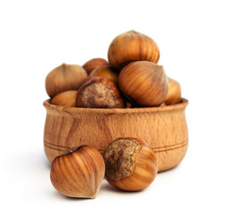hazelnuts close -up in a wooden bowl
