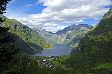 Landscape in Norway with mountains and fjord.