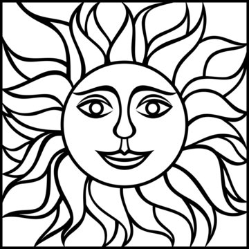 Black contour drawing of the sun with smiling face. Vector.