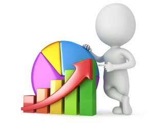 3d man with bar graph and pie chart