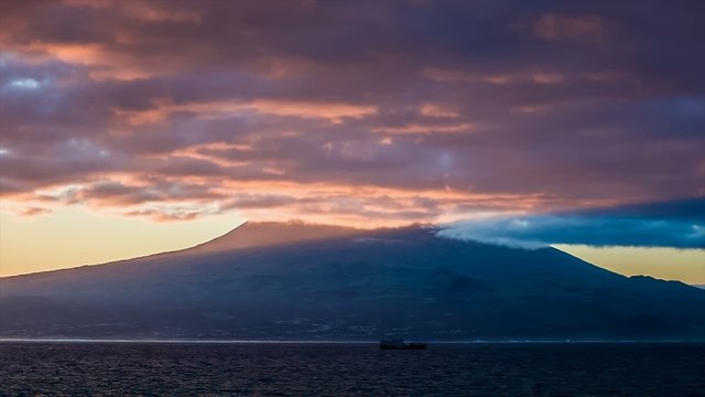 Purple early light at sunrise over Pico volcano