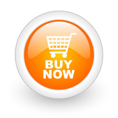 buy now orange glossy web icon on white background.