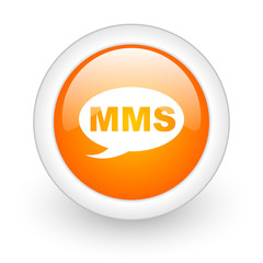 mms orange glossy web icon on white background.