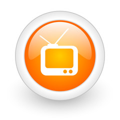 tv orange glossy web icon on white background.