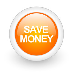 save money orange glossy web icon on white background.