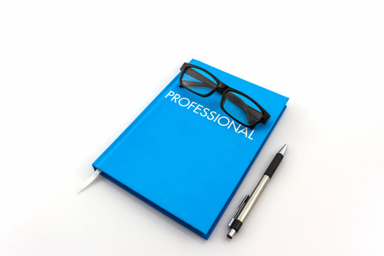 Blue diary book with the word" professional" on white background