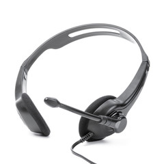 Headphones with mic on white background.