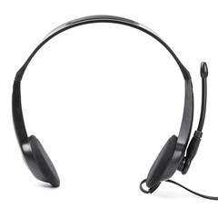 Headphones with mic on white background.