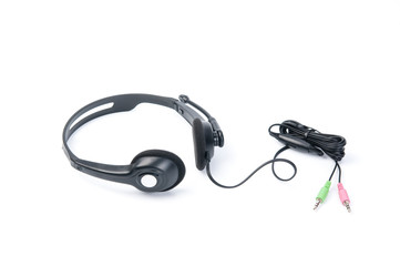 Headphones with mic on white background.