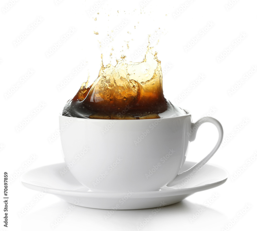 Poster Cup of coffee with splashes, isolated on white