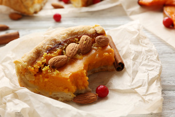Homemade pumpkin pie on table