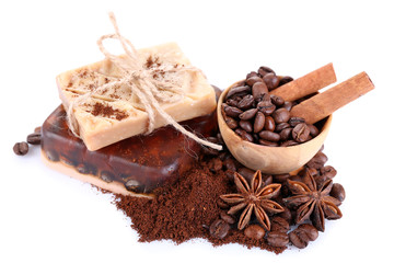 Organic soap with coffee beans and spices, isolated on white
