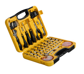 Toolbox with different instruments isolated on white