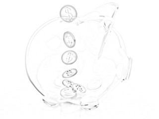 glass piggy bank and falling coins. Pencil drawing