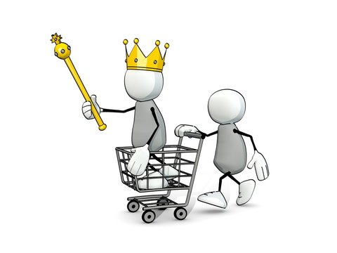 little sketchy men with king crown and shopping cart