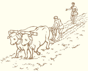 Fototapeta na wymiar Vector drawing. Primitive agriculture. Peasants treated field