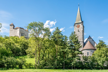 Fototapeta na wymiar Gutenberg castle and church of St. Nicholas in Balzers
