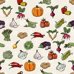 Seamless pattern with colored vegetables. Vector illustrations