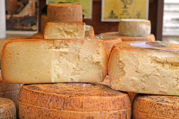 aged cheese on sale in the local market stall