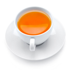 White cup with tea isolated on white background