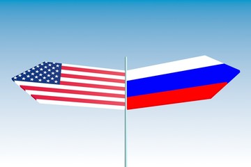 russia and usa politic problem, flag on road signs