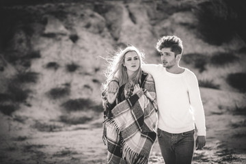 couple in love on the beach in autumn