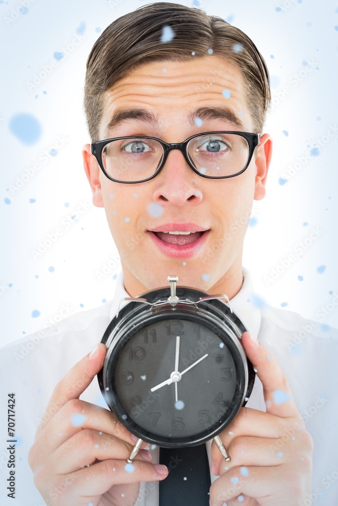 Poster geeky businessman holding alarm clock