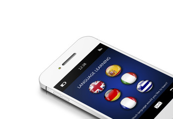 mobile phone with language learning application over white