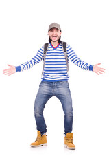 Man with backpack isolated on white