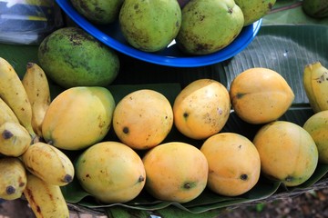 Mangoes and bananas for sale in a Cambodian market