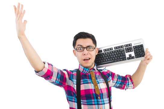 Computer nerd with keyboard isolated on white