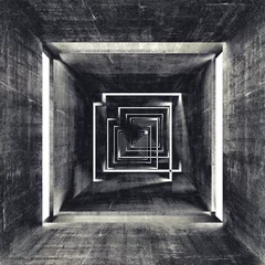 Abstrakter quadratischer Tunnelinnenraum aus dunklem Beton, 3D-Hintergrund © evannovostro