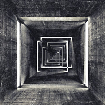 Fototapeta Abstrakta zmroku betonu tunelu kwadratowy wnętrze, 3d tło
