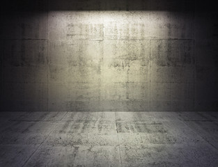 Abstract dark concrete 3d interior with spot light on the wall