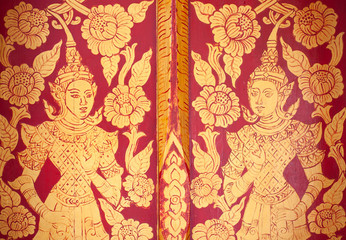 thai gold lacquer gilt temple door detail