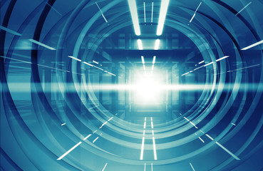Abstract blue shining 3d tunnel interior with neon lights