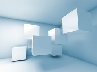 Abstract blue interior with flying cubes. 3d render