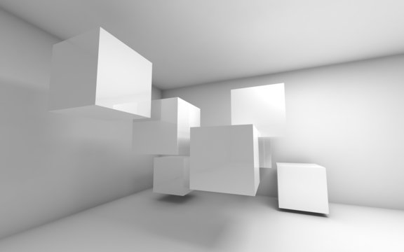 Abstract empty 3d interior with white flying cubes © evannovostro