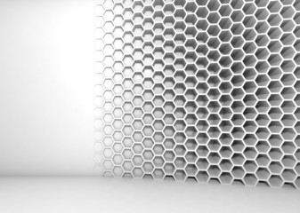Abstract white 3d interior with honeycomb pattern on the wall