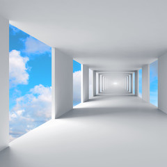 Abstract 3d architecture, empty corridor with sky on background