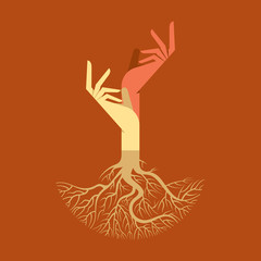 This vector background has a hand with tree roots