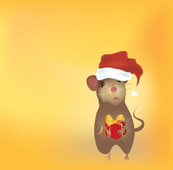 Christmas Card with Mouse and Present with Golden Ribbon
