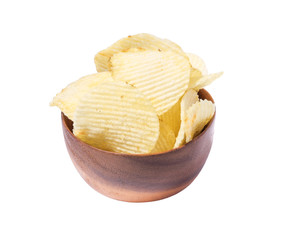 French fries in wood bowl  on isolate white background