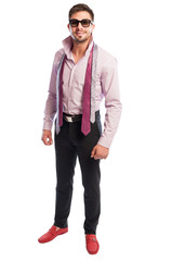 Brunet male model with purple shirt and two open neckties.