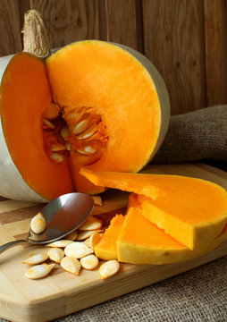 Pumpkin, cut with seeds inside.