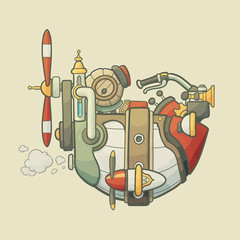 Cartoon steampunk styled flying airship with propeller and wheel