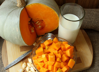 Pumpkin, diced for cooking recipe and a glass of milk.