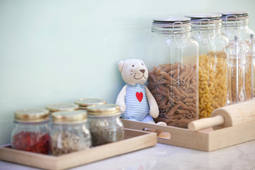 The pasta in jars with bear of decoration