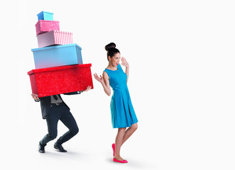 Woman and man going shopping isolated on white background