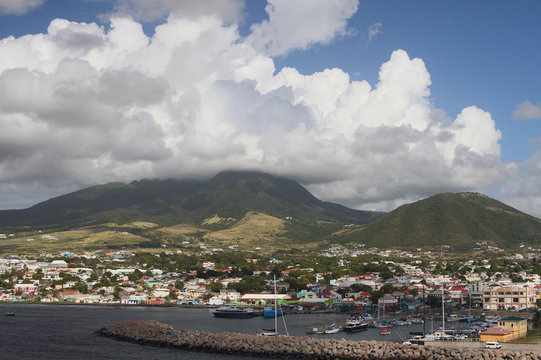 Island volcano and clouds. Saint Kitts and Nevis